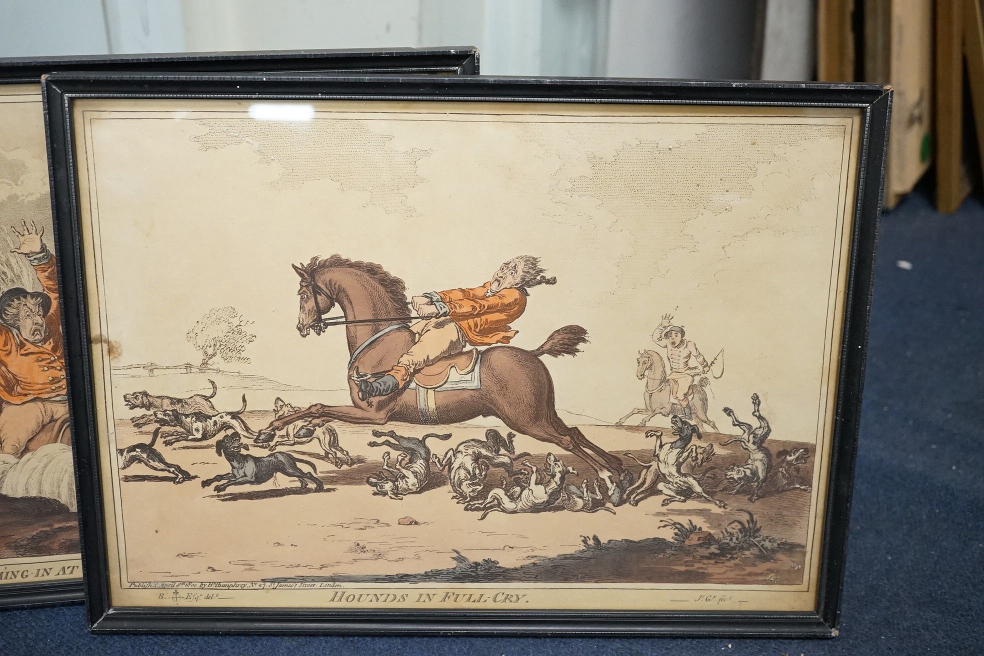 After James Gilray (1756-1815), pair of satirical aquatints, comprising 'Coming in at the death' and 'Hounds in full cry', published 8th April 1800 by H. Humphrey, London, 24 x 34cm. Condition - fair